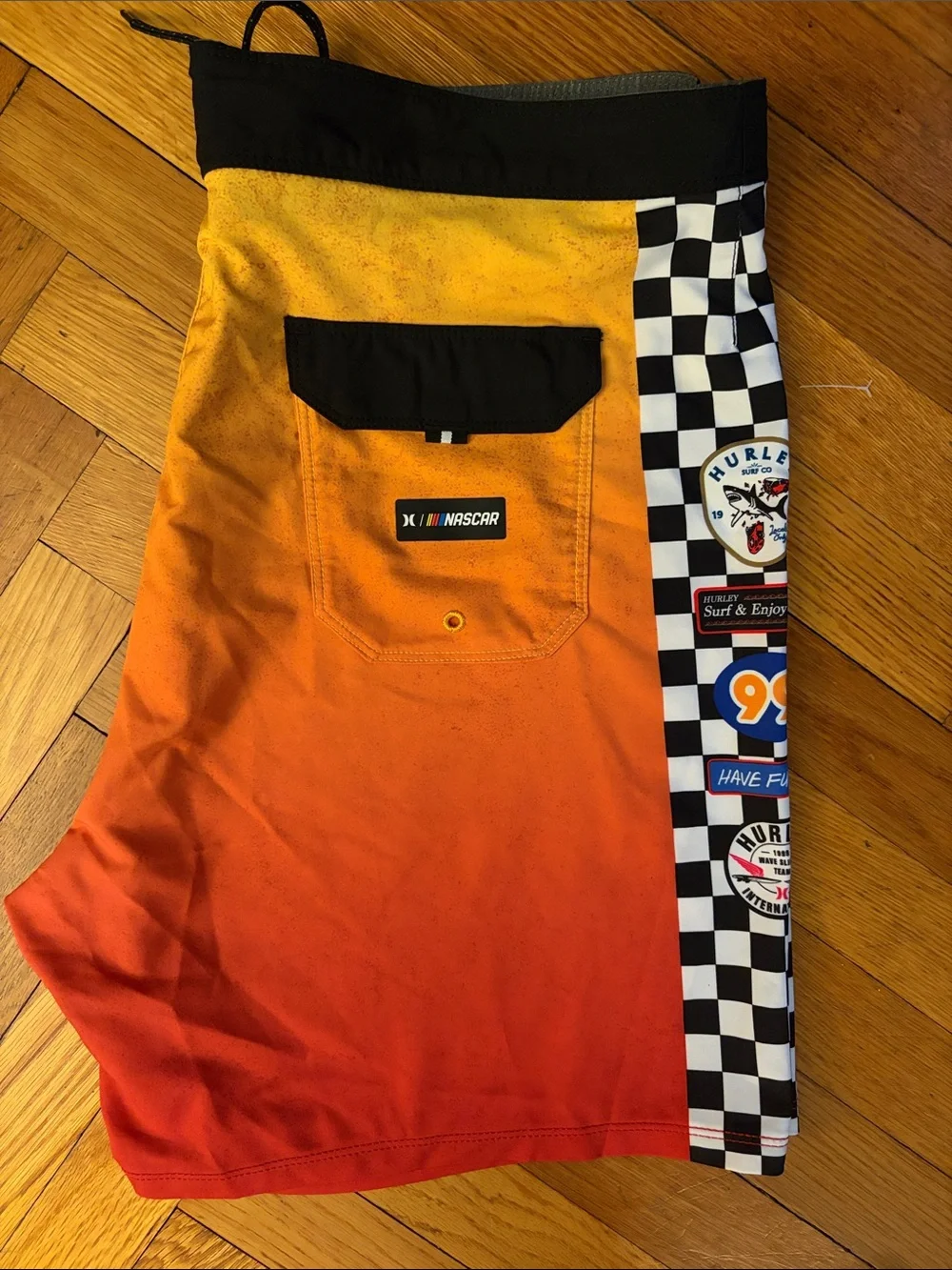 Hurley Orange to Red Gradient Board Shorts with Checkered Side Panels
